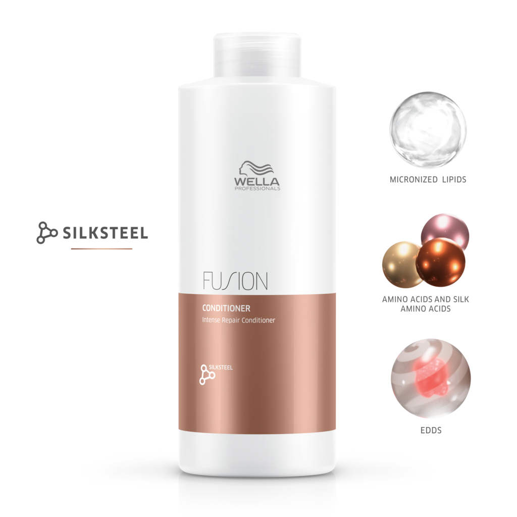 A liter-size bottle of Wella FusionPlex Shampoo