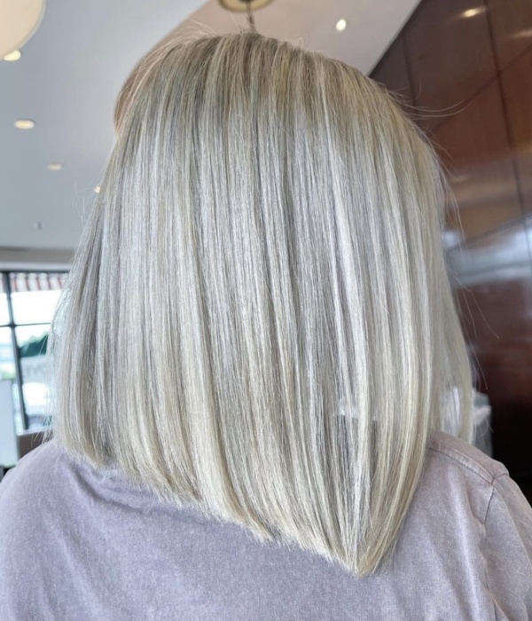 white blonde hair with long angled bob