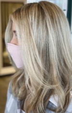 Blonde With Babylights Wearing Pink Covid Mask